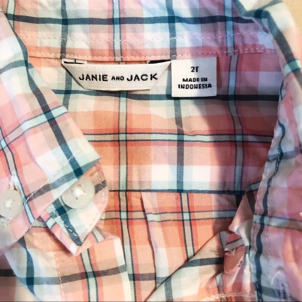 Janie and Jack Toddler Boys Size 2T Salmon Plaid Cotton Button Down Shirt